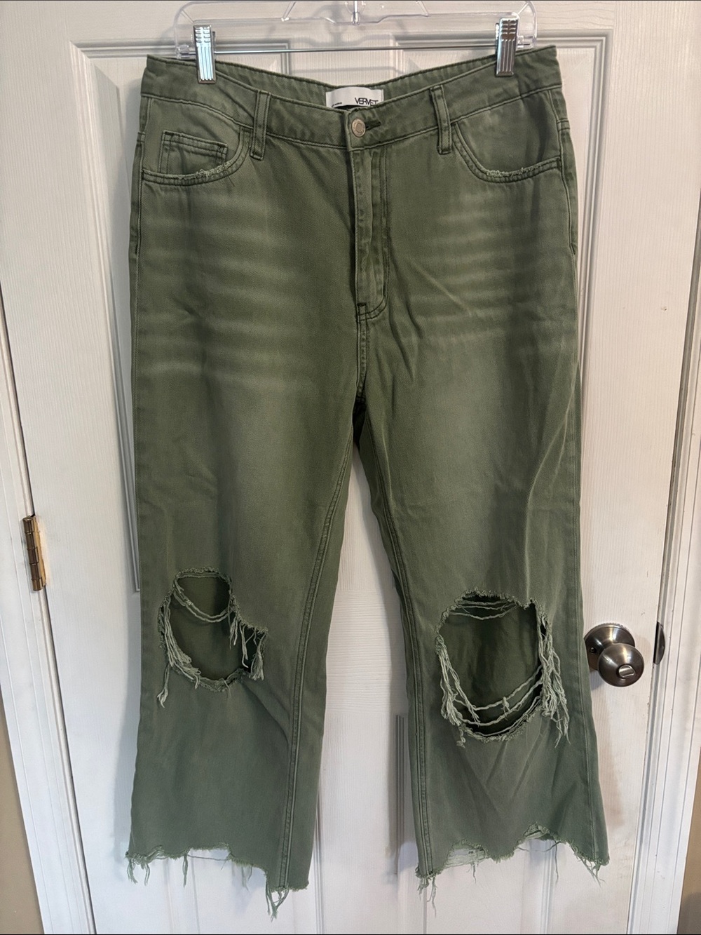 VERVET BY FLYING MONKEY Olive Green Distressed Wide Leg Jeans